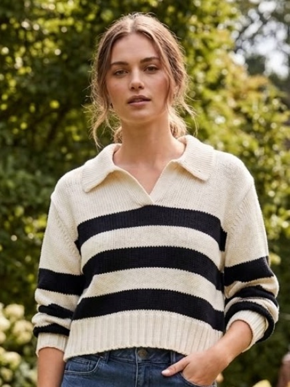 Calypso St. Barth Organic Cotton Cream & Black Striped VNeck Collared Sweater